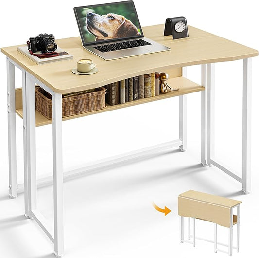 Huuger Folding Desk with Storage Shelf, 31.5 Inch Foldable Computer Table for Small Spaces, Space Saving Sofa Table for Couch, Writing Work Office Computer Desk, Easy to Fold, Oak