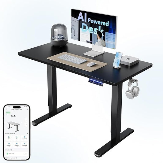 HUANUO One-Piece AI-Powered Electric Standing Desk, Smart APP, Work with Alexa & Google, Adjustable Height, 6 Memory Settings, Sedentary Reminder, Ergonomic Sit-Stand Desk, 48-inch, Black
