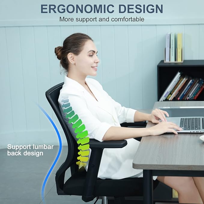 Ergonomic Office Chair Home Mesh Desk Chair with Adjustable Arms - Mid Back Computer Chairs for Adults - Swivel Task Chair Comfortable for Home Office (Black)