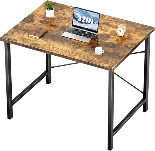 Sweetcrispy Computer Small Office Desk 32 Inch Student Kids Study Writing Work with Metal Frame Wood Tabletop Modern Simple PC Home Bedroom Table, Rustic Brown