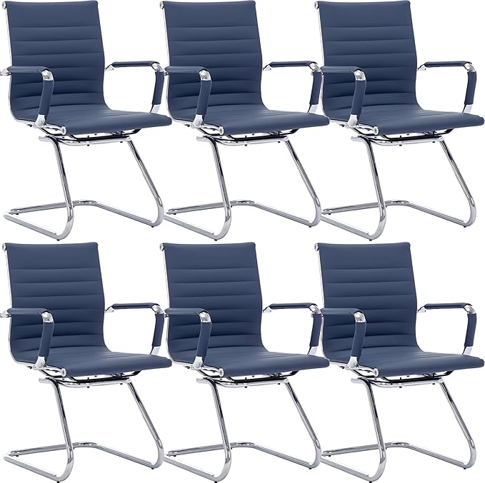 Wahson Office Guest Chairs Set of 6, Leather Reception Chairs, Mid Back Waiting Room Chair, Conference Chairs with Sled Base, Desk Chair No Wheels for Meeting/Lobby/Restroom, Navy Blue