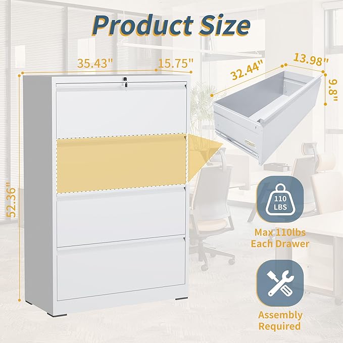4 Drawer File Cabinet with Lock, Lateral Filing Cabinets,Metal Storage Filing Cabinets for Home Office, Heavy Duty File Cabinet for Letter/Legal/A4/F4 Size Amssebly Required, White