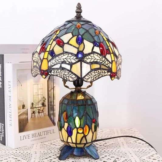Small Tiffany Lamp Stained Glass Table Lamp Mini Mother Daughter Vase Desk Accent Night Light for Bedroom Bedside Reading Home Antique Style 8X14 Inches (Sea Blue Yellow)
