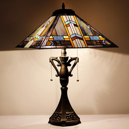 Tiffany Table Lamp Stained Glass Blue Cloudy Mission Style Desk Reading Light 16X16X24 Inch for Bedroom Living Room Home Office