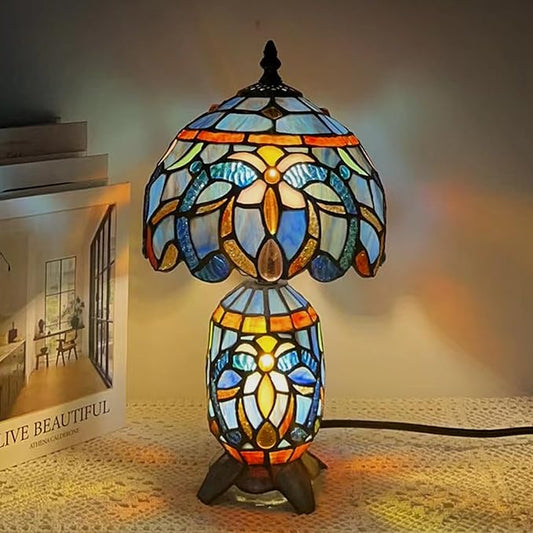 Small Tiffany Lamp Stained Glass Table Lamp Mini Mother Daughter Vase Desk Accent Night Light for Bedroom Bedside Reading Home Antique Style 8X14 Inches (Blue Purple)
