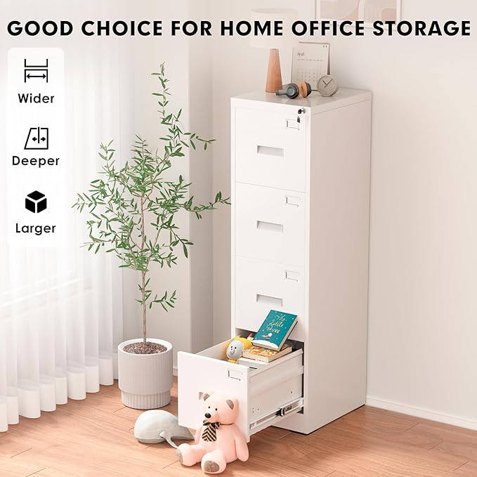 Greenvelly 18" D File Cabinet, 4 Drawer Vertical File Cabinet with Lock, Locking Filing Cabinet for Home Office, White Metal File Cabinet for Hanging Letter/Legal Folders, Easy Assemble
