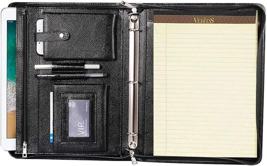 Professional Leather Business Padfolio Portfolio Case, 3 Ring Binder,Zippered Business Document Organizer Tablet Holder Folder Case,with Letter Size Notepad (black)