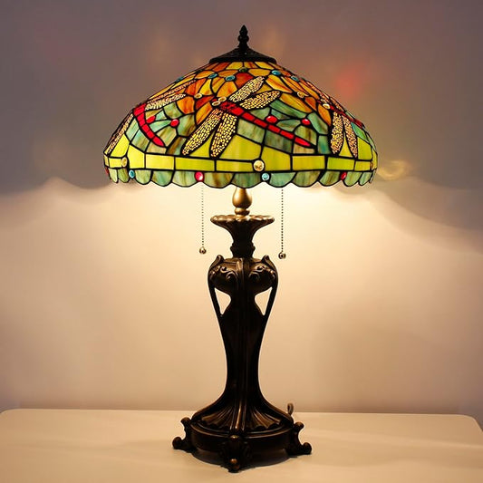 Tiffany Stained Glass Table Lamp 16X16X24 Inch Green Red Dragonfly Style Desk Bedroom Living Room Antique Reading Light (Green Red Dragonfly)