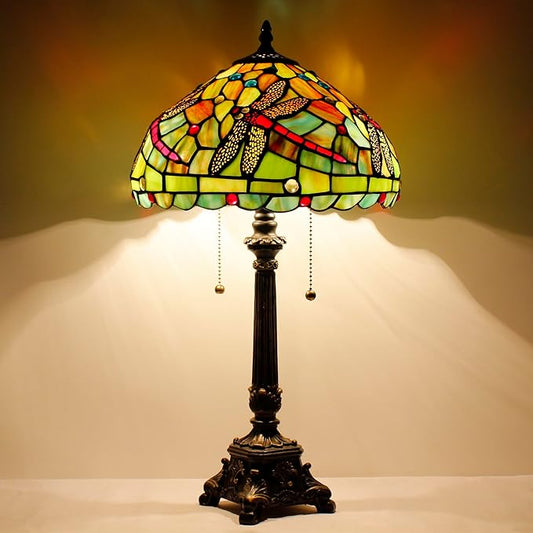 Tiffany Table Lamp Green Red Stained Glass Desk Lamp 12X12X21 Inches Dragonfly Style Reading Light