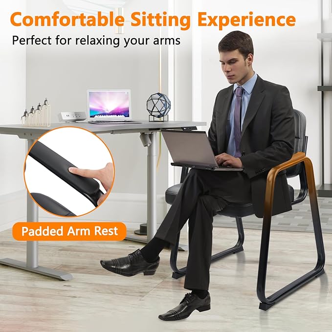 CLATINA Waiting Room Chairs No Wheels Set of 8, Stationary Leather Office Reception Guest Chair with Padded Arms and Sled Base for Elderly Desk Conference Room Lobby Table Side Salon