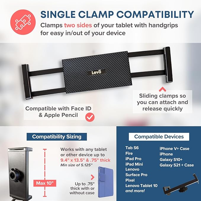 LEVO Adjustable Height Floor Stand on Wheels - Black with Casters - Tablet & Phone Holder with Gooseneck Mount, Stable Base - Compatible with All Cell Phones & Tablets (4-13 inch)