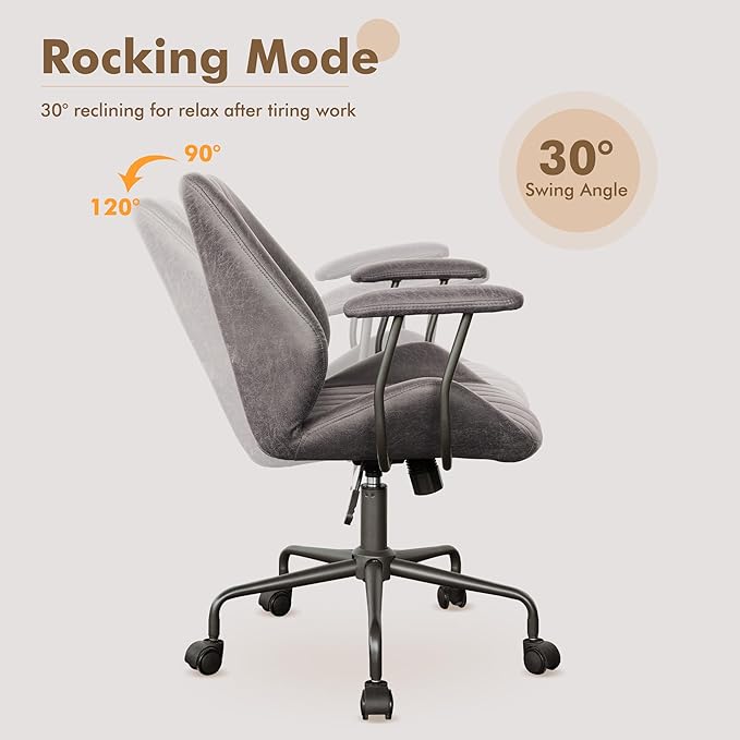Mid Back Office Chair Mid Century Modern Executive Chair,Lumbar Support Ergonomic Home Office Desk Chair,Rolling Swivel Task Chair Task Chair Armrests Height Adjustable,350lbs (Gray)
