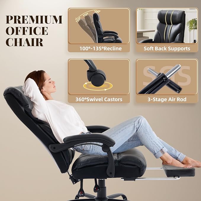 Leather Home Office Chair with Foot Rest,500lbs Big and Tall Ergonomic Desk Chair,360°Swivel Free,90°-155°Recline,43"- 47" Height Adjustable,Silent 360° Casters for Home Office Computer Desk