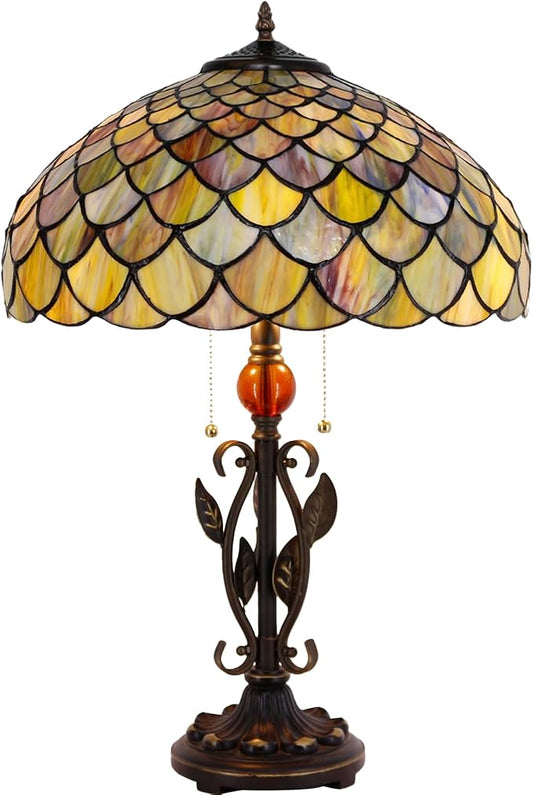 Tiffany Table Lamp Fish Scales Stained Glass Desk Reading Light 16X16X24 Inch Metal Leaf Base for Bedroom Living Room Home Office