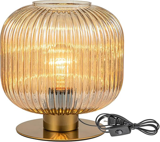 Mid Century Modern Glass Table Lamp, Vintage Gold Bedside Lamp Bedroom Nightstand Lamp Lantern Design with Amber Ribbed Glass Globe, Small Side Table Lamp Desk Lamp for Living Room Office