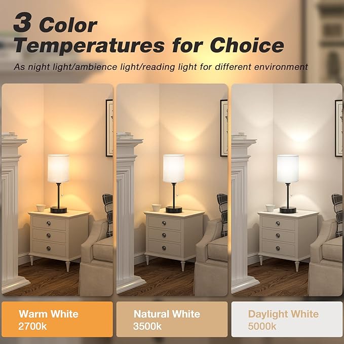Grey Nightstand Lamps 3 Color Temperatures - 2700K 3500K 5000K Bedside Lamps with USB C and A Ports, Pull Chain Table Lamps with AC Outlet, Small Lamps with Black Metal Base for Sleeping Reading