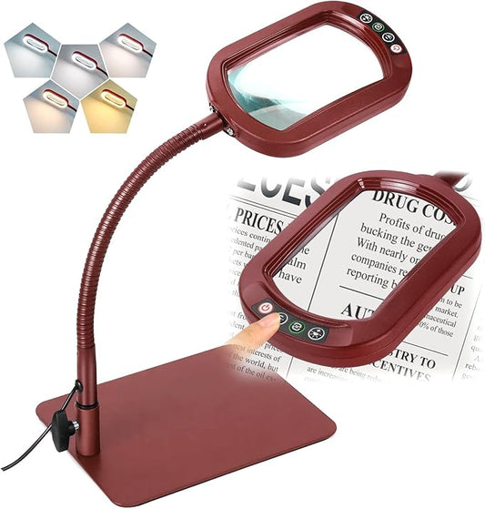 Veemagni 10X Rectangle Magnifying Glass with Light and Stand, Flexible Gooseneck LED Lighted Desk Lamp, 5 Color Modes Stepless Dimmable, Hands Free Magnifier for Reading Painting Close Work - Red