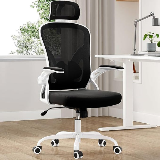 Farini Ergonomic Office Chair, Home Office Desk Chair with Headrest, High Back Computer Chair with Armrests and Adjustable Lumbar Support for Home Office Study Room, White & Black