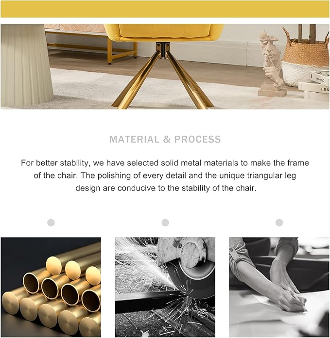 Velvet Office Desk Chair No Wheels, Modern Vanity Chair with Gold Legs, Wide Seat Computer Task Chair for Home Office (Yellow)