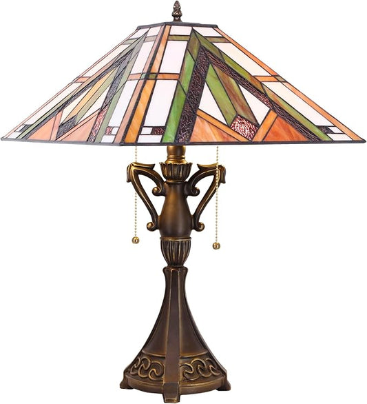 Tiffany Table Lamp Stained Glass Bronze Mission Style Desk Reading Light 16X16X24 Inch for Bedroom Living Room Home Office