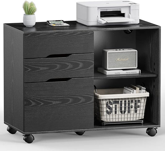 File Cabinet with 3 Drawers, Mobile Lateral Filing Cabinet with Open Storage Shelves for Home Office Under Desk Storage, Black
