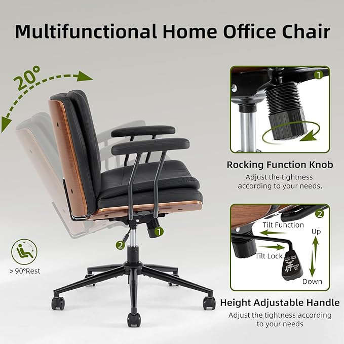 Criss Cross Chair with Armrests & Wheels, PU Leather Adjustable Swivel Walnut Task Chair with Wide Seat, Ergonomic Mid Back Computer Office Desk Chairs for Meeting Room, Home