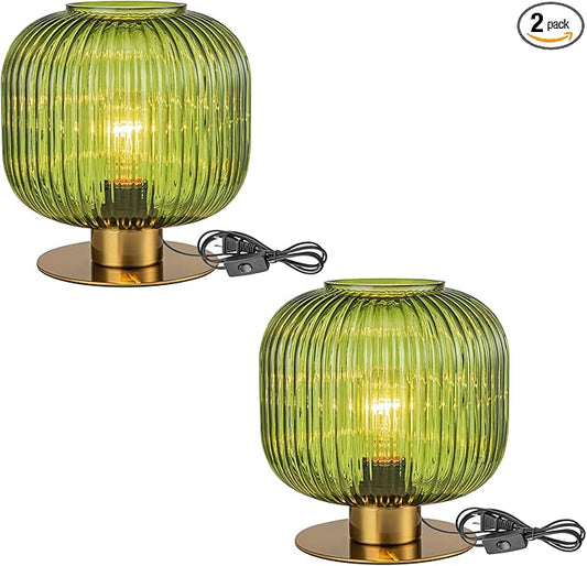 Green Table Lamp Glass Globe Table Lamp Mid Century Modern Small Bedside Lamp Gold Nightstand Lamp Vintage Decorative Brass Desk Lamp for Bedroom Living Room Study Corner Bookshelf (Set of 2)