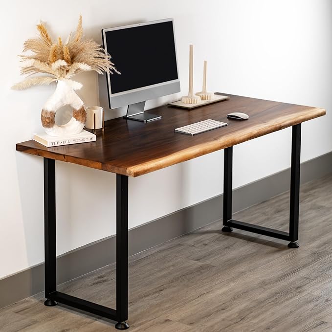 Solid Walnut Wood Computer Desk – Live Edge Wooden Home Office Desk with Sturdy Metal Legs – Handmade Real Wood Table for Work, Study, or Gaming - 60” x 27”