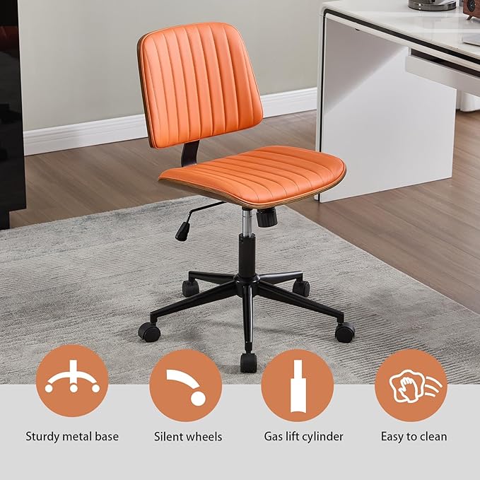 Small Home Office Chair - Armless Mid Back Desk Chair with 360° Swivel and Wheels, PU Upholstered Height Adjustable Modern Walnut Computer Chair for Home, Office Meeting Room - Orange