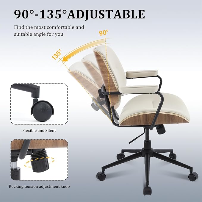 BV Mid Century Modern Office Chair Set of 1, Swivel Rolling Deak Chair with Armrests and Walnut Back, Adjustable Desk Chair for Home Office, Beige