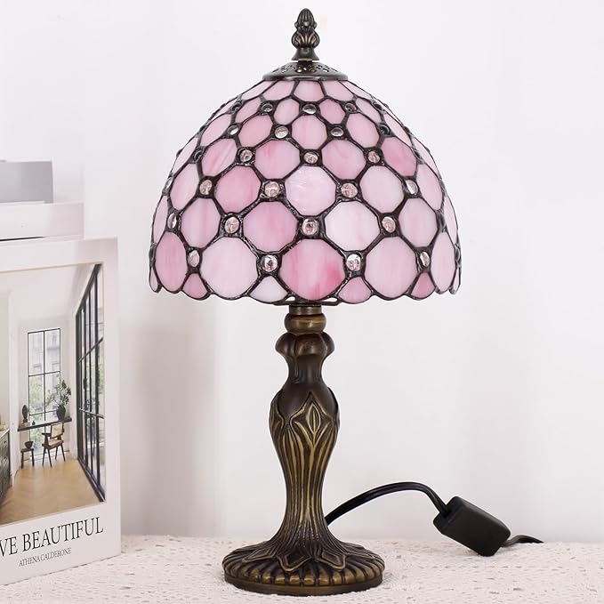 Small Tiffany Lamp Stained Glass Table Lamp Mini Desk Accent Light for Bedroom Bedside Reading Home Antique Style Decor 8X15 Inches (Pink)
