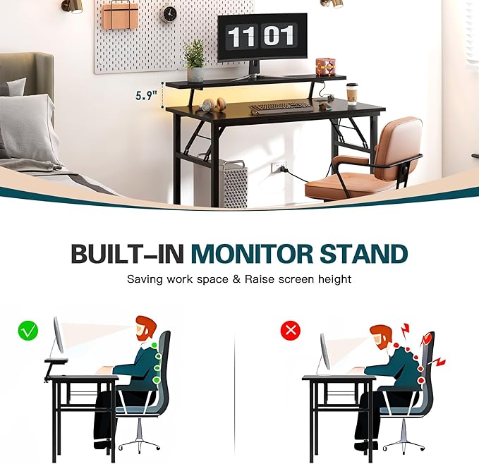 sogesfurniture 47 inch Computer Desk with LED Lights & Power Outlets, Folding Desk with Monitor Shelf, Wide Folding Table Writing Desk Foldable Home Office Desk, Black