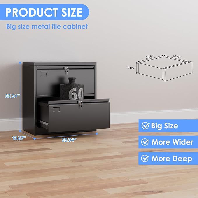 Aobabo 2 Drawer Lateral File Cabinet, Lockable Metal Filing Cabinet with Name Card, Suitable for Home Office School Hanging Files Letter/Legal/F4/A4 Size,Required-Assembly,Black