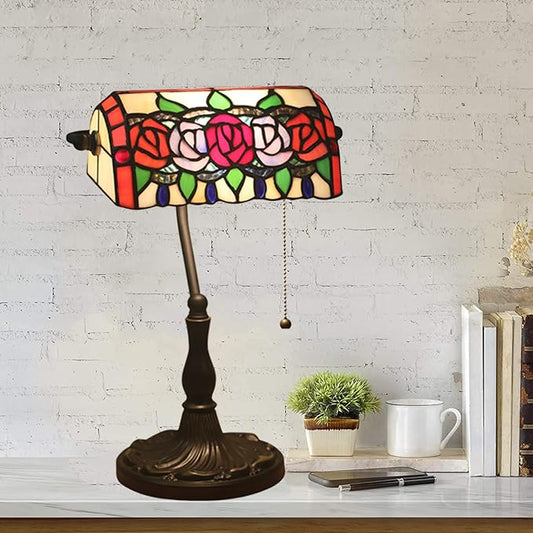 Tiffany Style Stained Glass Banker Desk Lamp, Rose Flower Pattern, Red, Pink, Green, Blue, Alloy Base, 10.62" W x 15.35" H