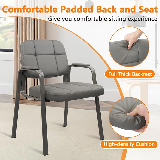 CLATINA Waiting Room Chairs No Wheels Set of 2, Stationary Leather Office Reception Guest Chair with Padded Arms for Elderly Desk Conference Room Lobby Table Side Salon, Grey