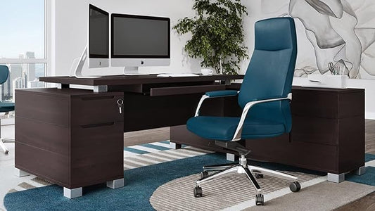 ZURI Furniture Modern 79" Ford Executive Desk with Right Return and Filing Cabinets - Dark Walnut