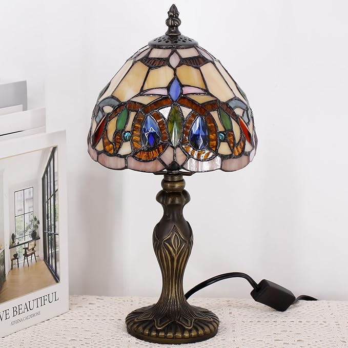 Small Tiffany Lamp Stained Glass Table Lamp Mini Desk Accent Light for Bedroom Bedside Reading Home Antique Style Decor 8X15 Inches (Serenity Victorian)