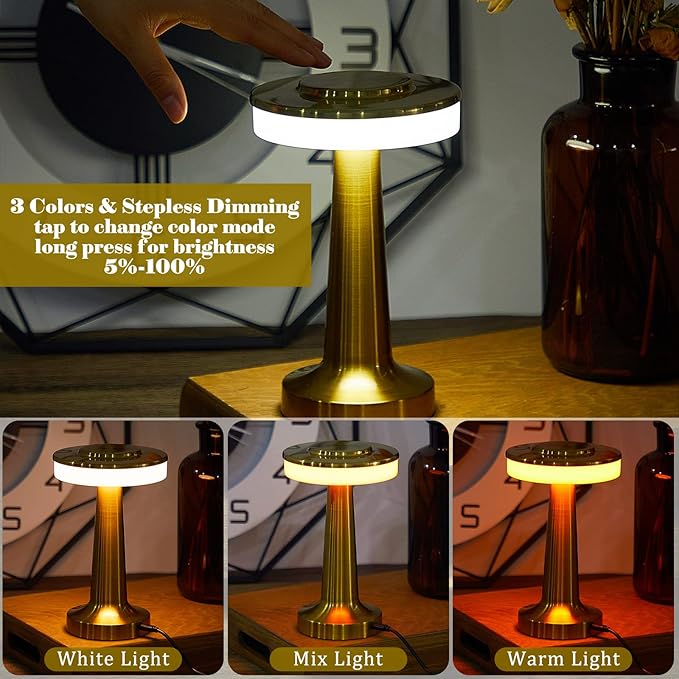 Riakrum Set of 2 LED Portable Cordless Table Lamp with Touch Sensor 3 Color Stepless Dimming Rechargeable Battery up to 15 Hours Cordless Table Light Wireless Lamp for Nursery (Gold,2 Pcs)