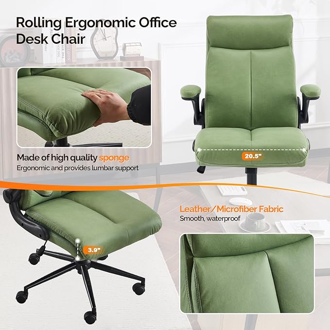VINGLI Rolling Ergonomic Office Desk Chair with Padded Flip-up Arms, 360° Swivel High Back Executive Computer Task Chair with Wheels for Game,Home Small Space, Study Room, Reading Room,Pu Green