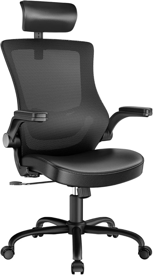 Marsail Office Chair Ergonomic Desk Chair, 360°Swivel Mesh Back Wide Computer Chair PU Leather Criss Cross Chair,Adjustable Lumbar Support & Flip-up Armrests,Adjustable Height Executive Task Chair