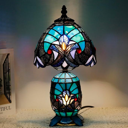 Small Tiffany Lamp Stained Glass Table Lamp Mini Mother Daughter Vase Desk Accent Light for Bedroom Bedside Reading Home Antique Style Decor 8X14 Inches (Green)