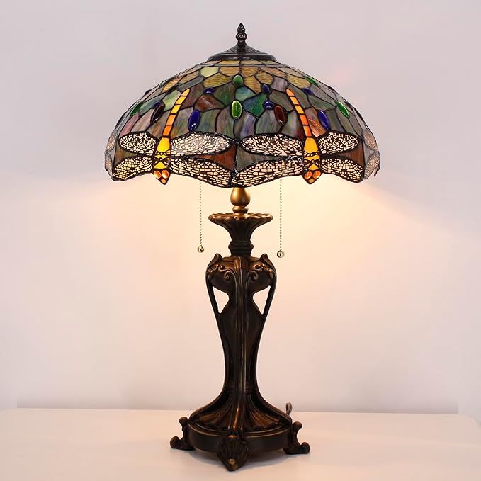 Tiffany Stained Glass Table Lamp 16X16X24 Inch Amber Yellow Dragonfly Style Desk Bedroom Living Room Antique Reading Light (Amber Yellow)