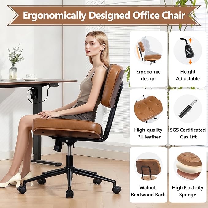 Armless Computer Chair, Small Desk Chair with Wheels and Adjustable Height, PU Leather Modern Swivel Walnut Task Chair for Home Office, Study, Library,Brown