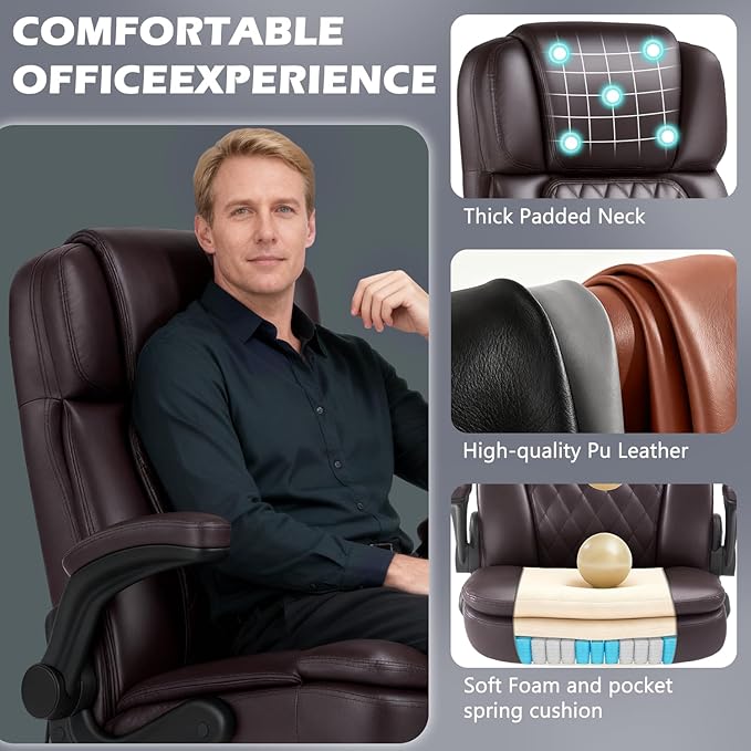 400lbs Executive Office Chair with Flip up Arm,Ergonomic Big and Tall Computer Desk Chairs,Breathable PU Leather Chair with Adjustable Lumbar Support,High Back Ofiice Chair with Pocket Spring Cushion