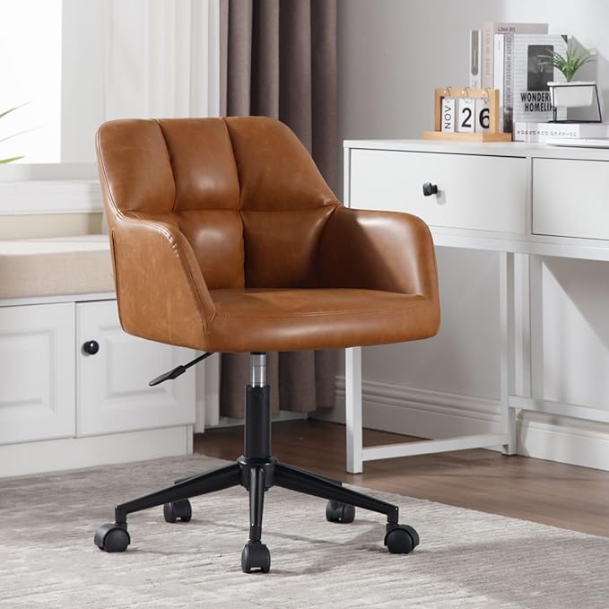 Brown Home Office Chair with Wheels, Adjustable Computer Chair Swivel Desk Chair with Mid Back, Upholstered Task Chair for Bedroom, Office, Small Spaces, Brown