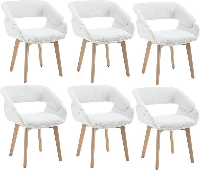 Home Office Desk Chair No Wheels Set of 6, Upholstered Boucle Modern Accent Side Armchair with Wood Legs Hollow-Out Back, for Vanity Living Dining Room Bedroom, Beige