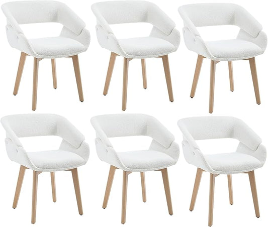 Home Office Desk Chair No Wheels Set of 6, Upholstered Boucle Modern Accent Side Armchair with Wood Legs Hollow-Out Back, for Vanity Living Dining Room Bedroom, Beige