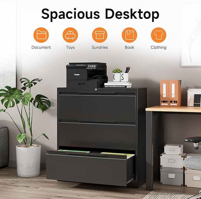 Coolsun Lateral File Cabinet, 3 Drawer File Cabinet with Lock, Wide Filing Cabinet for Home Office, Metal Locking Cabinet for Hanging A4/F4/Letter/Legal, Assembly Required (Black, 3 Drawer)