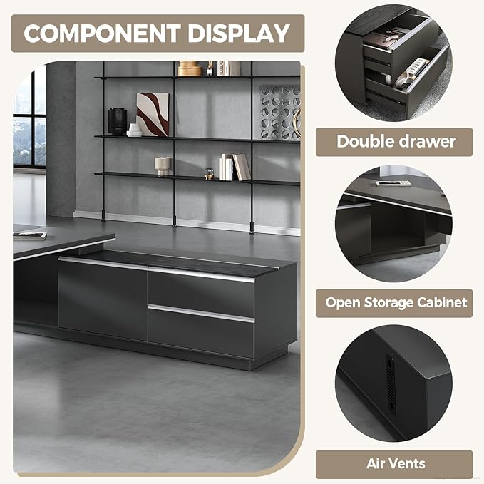 Modern L Shape Executive Desk with Storage Drawers – Large Black Corner Office Desk for Home Workspace, Spacious Executive Desk with Cabinets (Black/Left, 79" L * 63" W * 30" H)