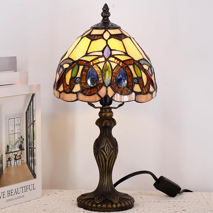 Small Tiffany Lamp Stained Glass Table Lamp Mini Desk Accent Light for Bedroom Bedside Reading Home Antique Style Decor 8X15 Inches (Serenity Victorian)